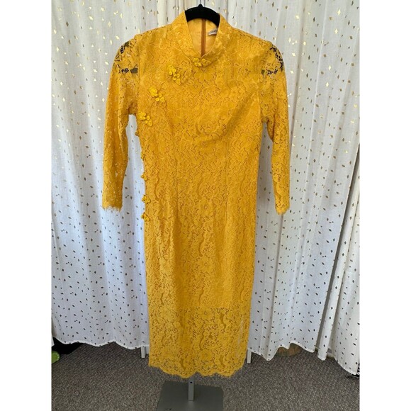 Queen Mulock Asian Inspired Lace Pankou Knots High Neck Side Slits Midi Dress S - Picture 2 of 11